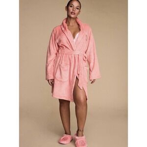 VICTORIA'S SECRET Short Cozy Plush Robe Embossed VS Logo Velour M/L Pink